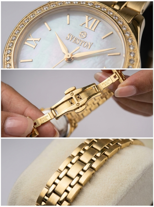 Sveston Elegance Women’s Gold-Plated Watch – White Dial with Crystal Bezel