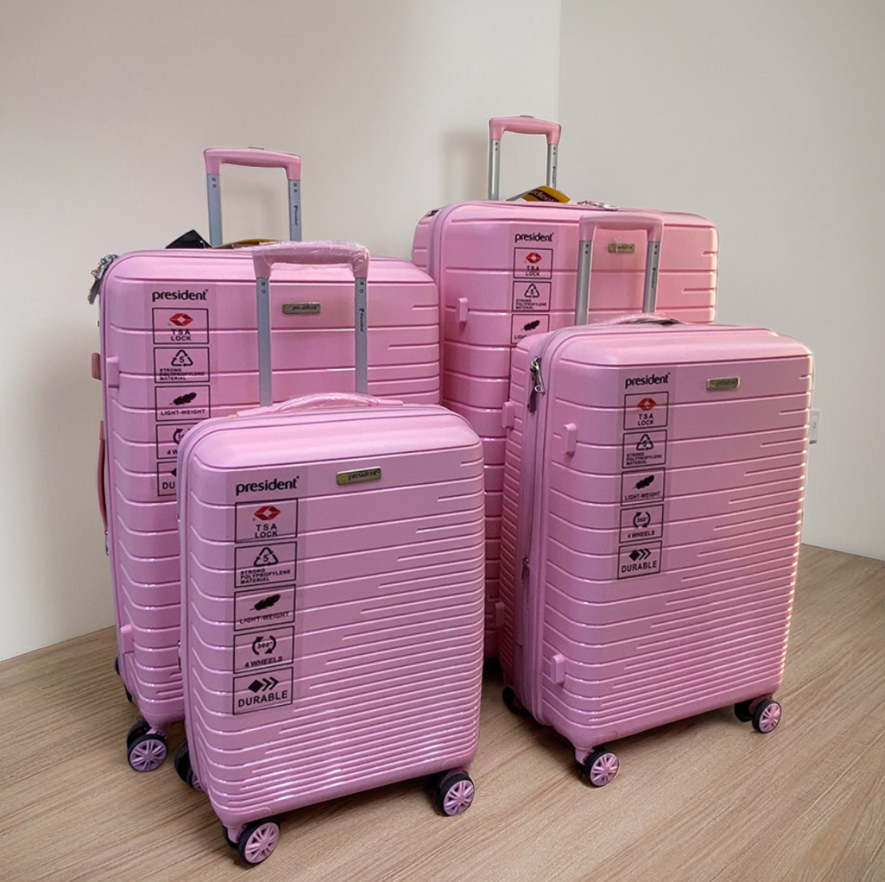 President Pink 4-Piece Luggage Set – Unbreakable Fiber, 4 Wheels, XL to Small