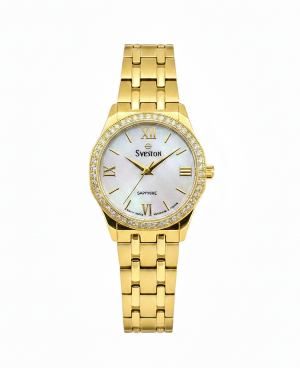 Sveston Elegance Women’s Gold-Plated Watch – White Dial with Crystal Bezel