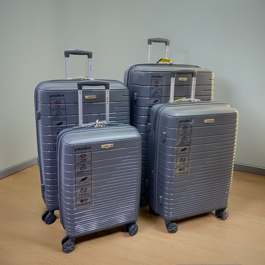 President Bluish Grey 4-Piece Luggage Set – Unbreakable Fiber, 4 Wheels, XL to Small